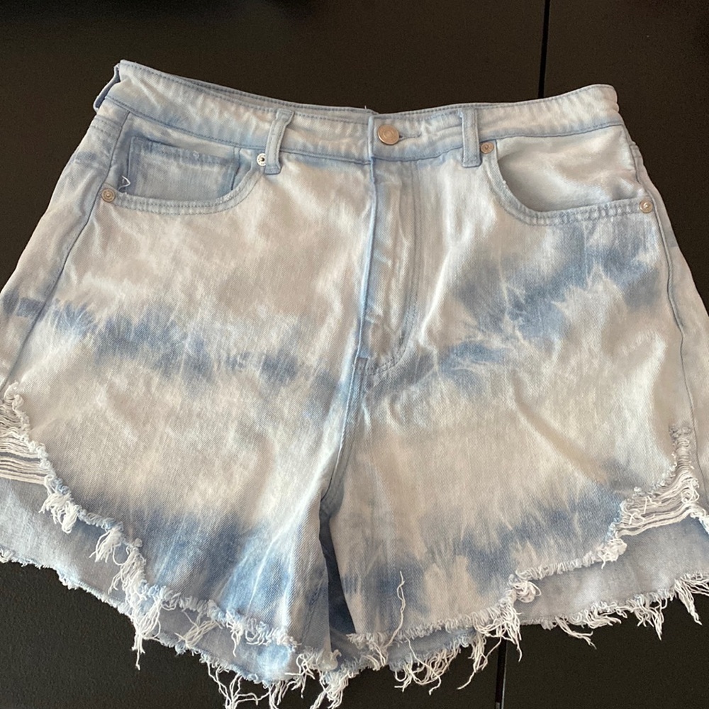 American Eagle Outfitters Light Blue Tie-Dye High-Rise Frayed Denim Shorts